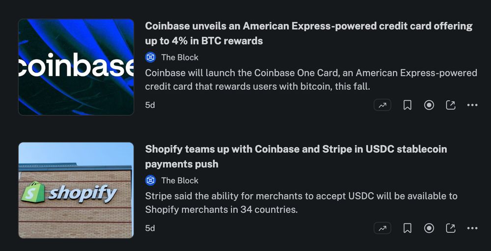 Headline: Coinbase unveils an American Express-powered credit card offering up to 4% in BTC rewards<br>Shopify teams up with Coinbase and Stripe in USDC stablecoin payments push