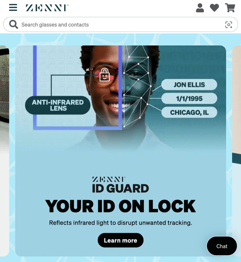 Zenni homepage with an ad for "ID Guard": "Your ID on lock. Reflects infrared light to disrupt unwanted tracking"