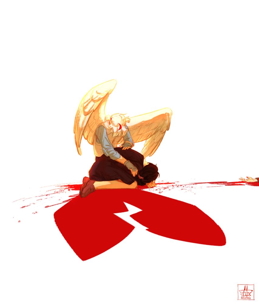 Fanart of the manga "LOVEBULLET". A cupid girl stands over a high school girl and hugs her while the latter cries on her knees. Cupid has white wings, white hair tied in two small ponytails, a white bulletproof vest and a turquoise shirt rolled up to the elbows with elbow pads and fingerless gloves. The high school girl is wearing a dark skirt and jacket, her hair tied in a low ponytail. They cast a shadow in the shape of a red broken heart. Someone's bloody hand is visible on the right.