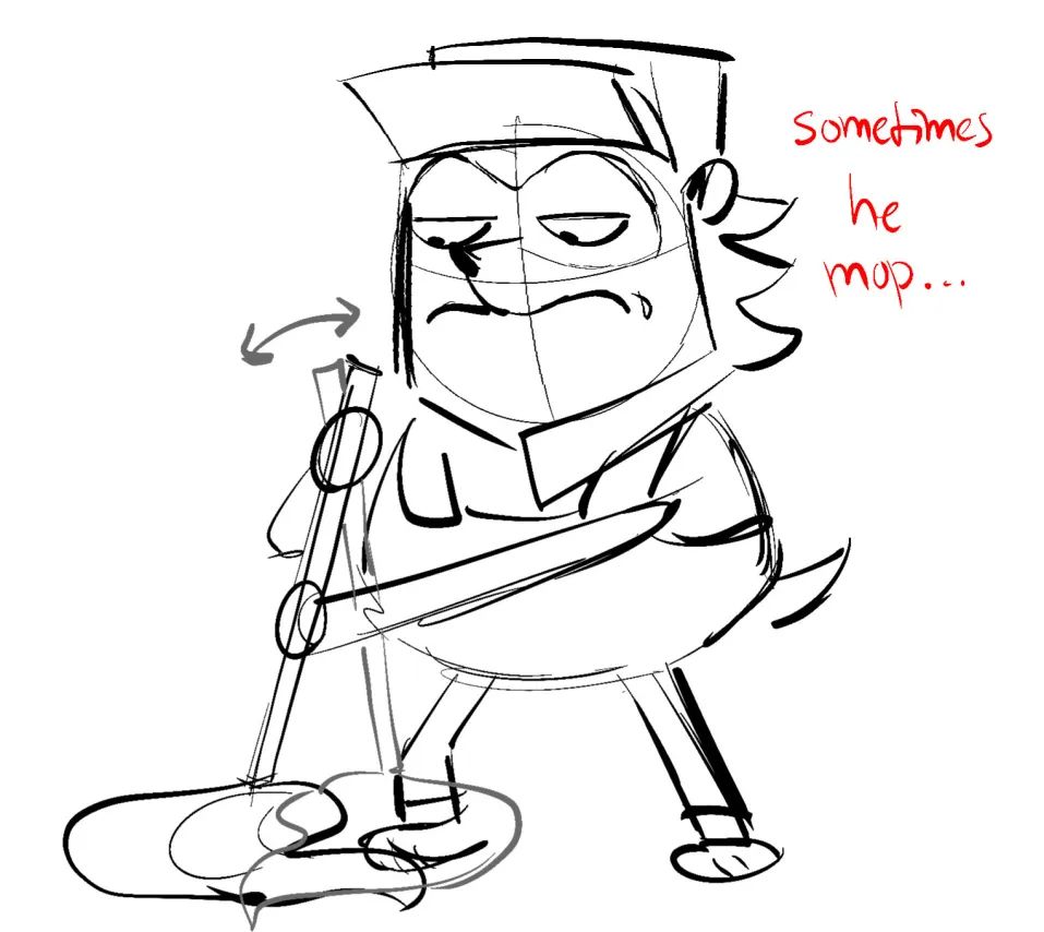 Doodle of Grover the hedgehog mopping with a mope. Text: sometimes he mop...