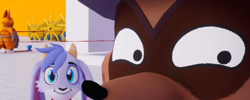 Grover the hedgehog on the right looking at the camera, only his eyes and his nose are visible in the frame. Billie to the left of the image they're looking at the camera too.