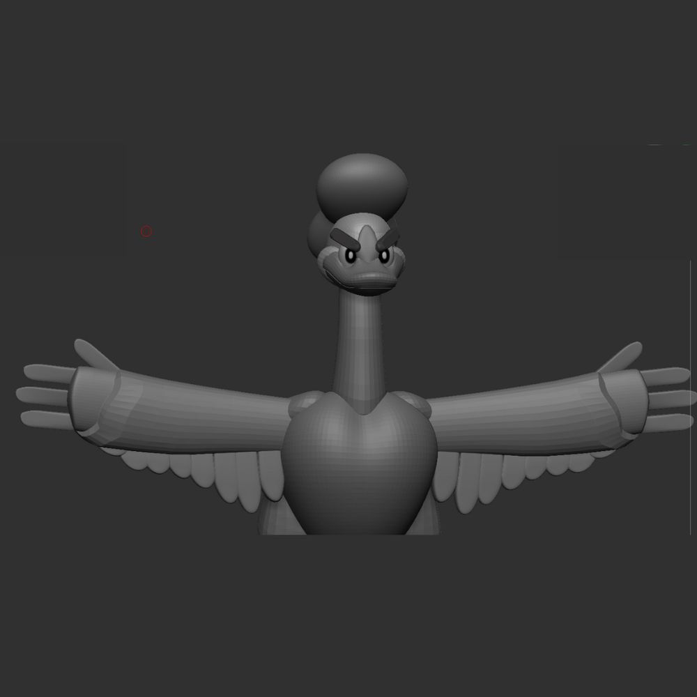 Papa the duck, he/him pronouns. Powerful stance, his wings spread out and his gaze filled with determination
