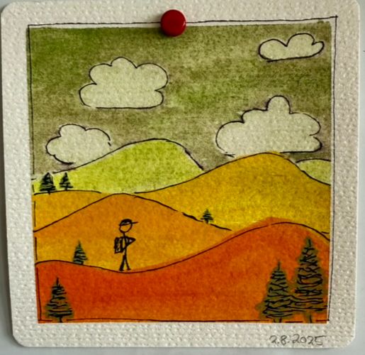 Small quadratic watercolor painting. Simple landscape in the colors orange and green. some clouds and pine trees. a hiker with a backpack is wandering through the orange hills.