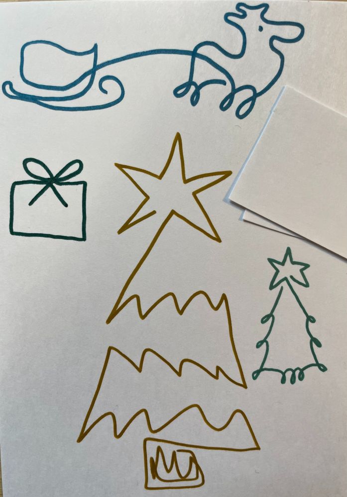 Four one-line art pieces of a present, two different Christmas trees and a sleigh with reindeer. Drawn with glitter pen in the colors blue, dark green, green and gold.