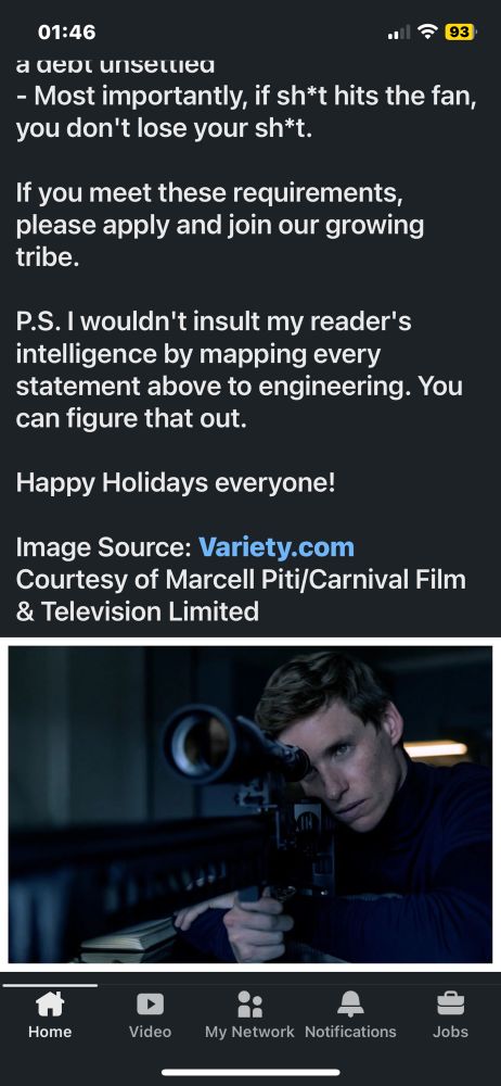 Continuation of the tech employee’s LinkedIn post that says “they’re looking for assassins and sharpshooters” as a way of saying they are hiring, now with a picture of a man with a sniper rifle.  Yuck!