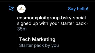 A screenshot of a rather unclear bluesky notification that says a person signed up with your starter pack, with the name of the starter pack below it.