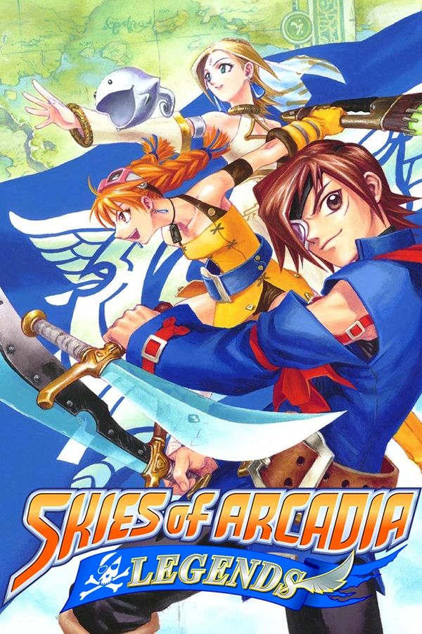 The box art for Skies of Arcadia Legends, showing Blue Rogue Air Pirates Vyse, Aika, Fina and Fina's pet Cupil.