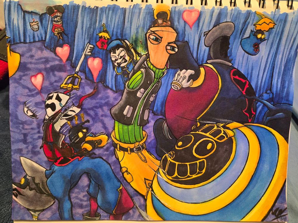 Some of the amazing digital circus characters as Sora, Donald, and Goofy fighting heartless.