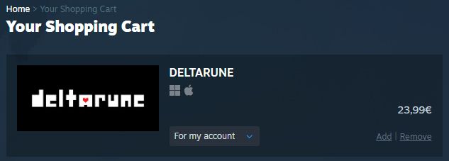 A Steam shopping cart showing DELTARUNE at 23,99€
