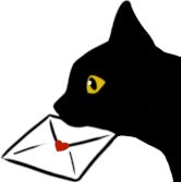 Simplified illustration of a black cat with a letter in its mouth.