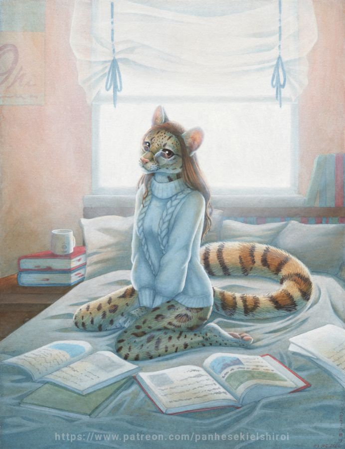 Acrylic painting of a female anthropomorphic margay, wearing glasses and a sweater, sitting on her bed surrounded by books.