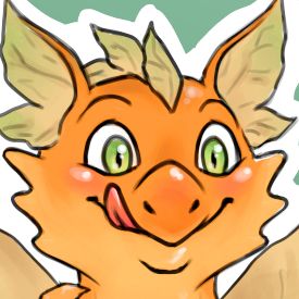 Coloured sketch of a happy looking orange dragon sticking his tongue out, probably looking at something tasty out of view.