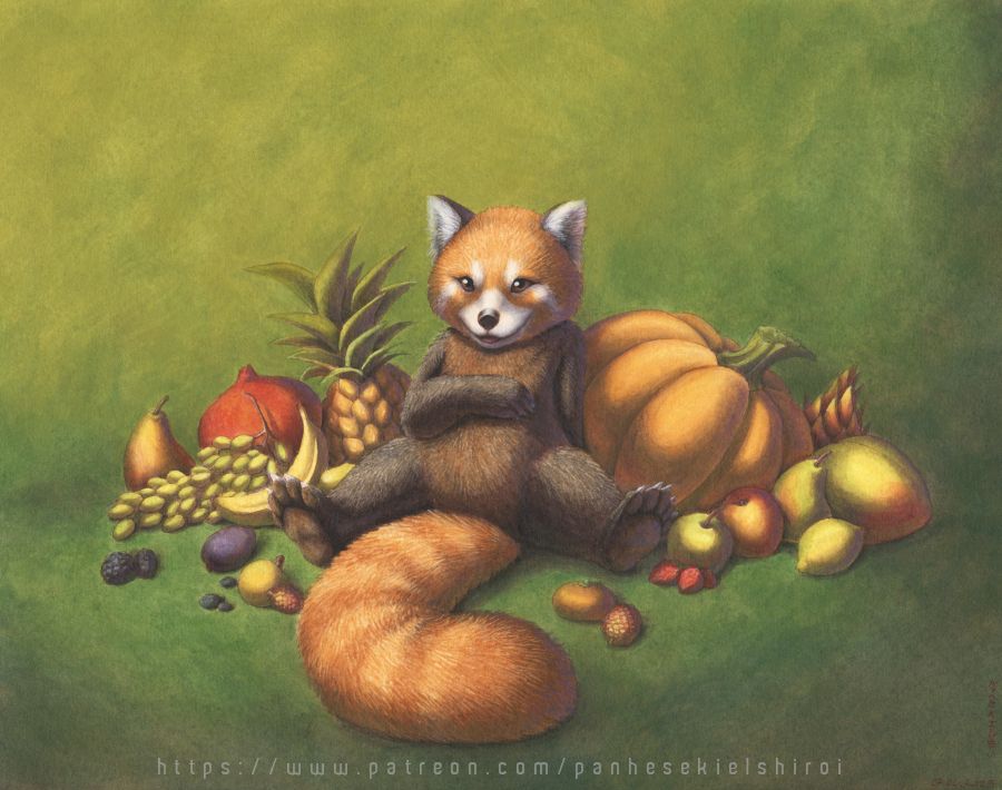 Acrylic painting of a red panda sitting amongst a bunch of fruit.