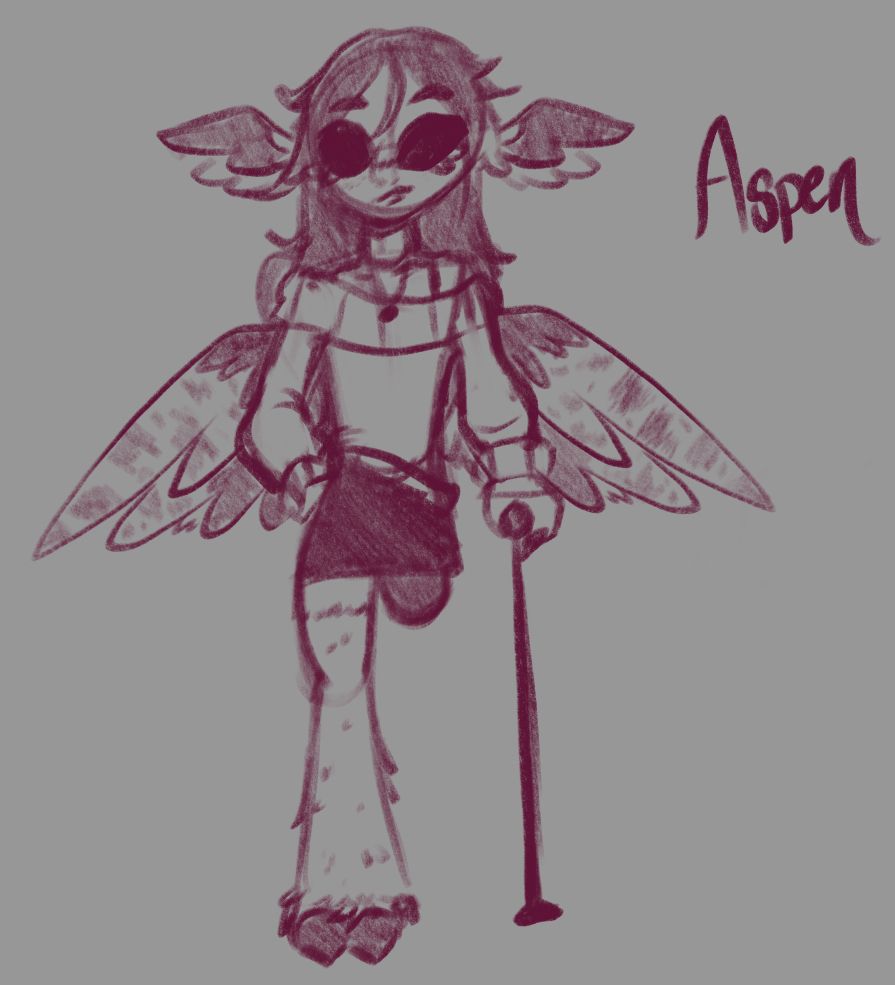 A quick sketch of my OC: Aspen. 

The sketch is a little wonky because I drew it laying down and couldn’t be bothered to fix it. 

Their mobility aid is a forearm crutch, part of it is hidden under the sweater.