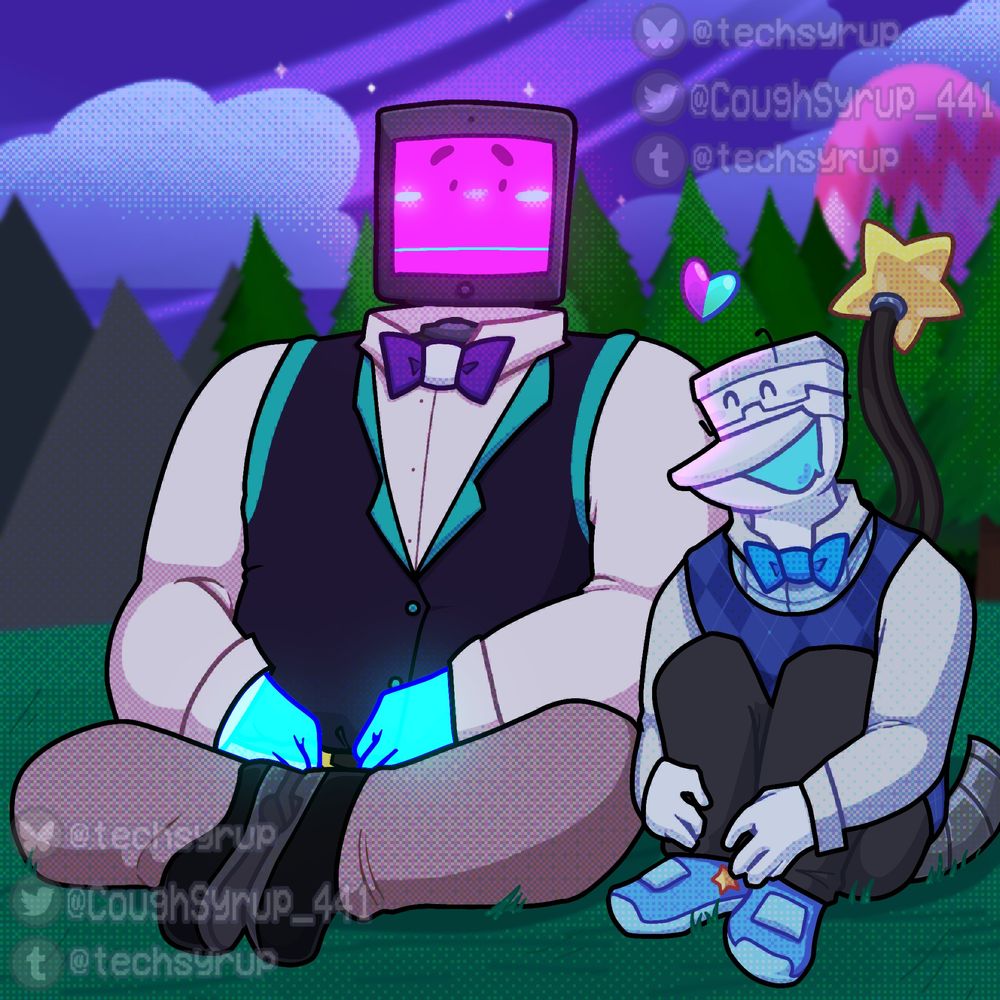 My gijinka/object designs for Toilet and MePad from Inanimate Insanity.
The two are drawn sitting together on the grass in the night, talking.

Toilet is happily leaned against MePad's shoulder.