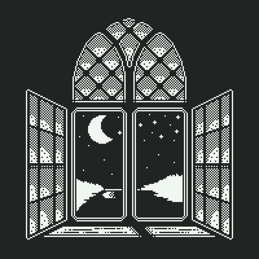 a 1-bit black and white pixel art image of an ornate window open to the night environment outside. a lake, landscape, moon and stars are visible.