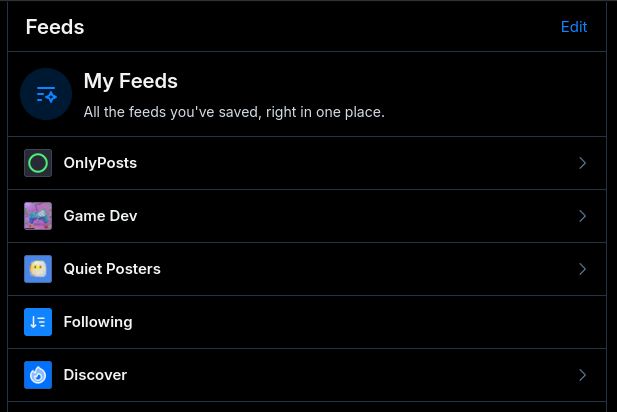 a screenshot of my feeds list settings. including OnlyPosts, Game Dev, Quiet Posters, Following, and Discover