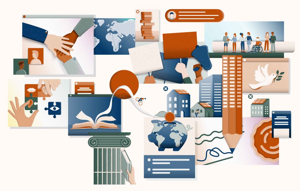 The Glasgow Social Sciences Hub logo with social sciences graphics like a piggy bank with the world on it, a peace branch with a dove, and several books.