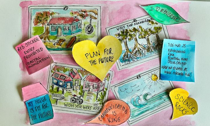 A colourful illustration with ink and pen on paper. The illustration is in the style of an old travel poster with postcards and overlaid post-it's. Words state: Plan for the future, I love mangroves, science rocks, My house is fit for the future, communication is king. 