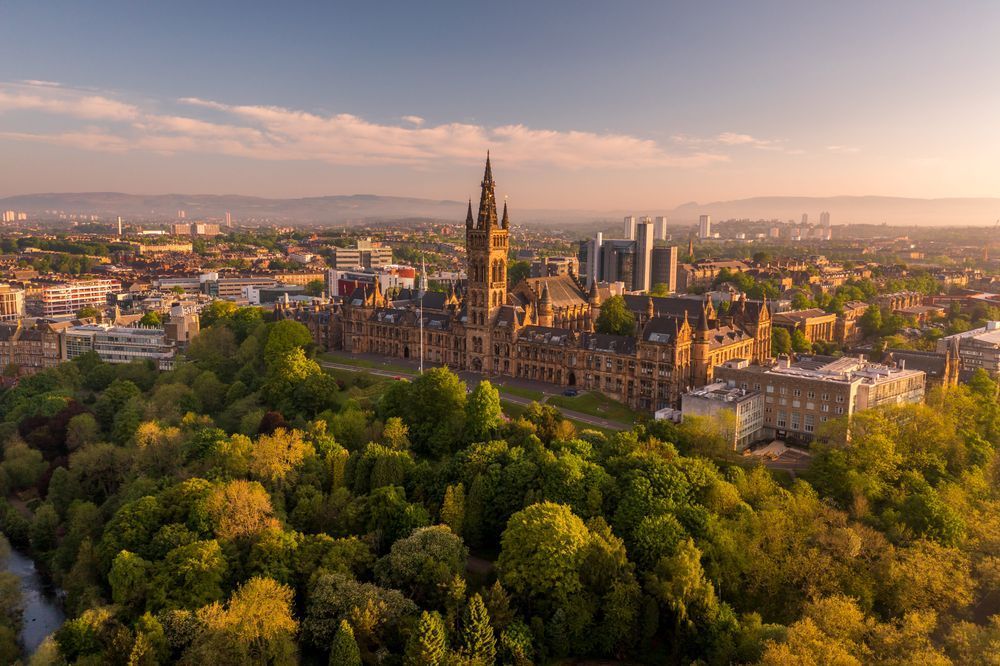 Gilbert Scott building drone shot looking at the west end of Glasgow