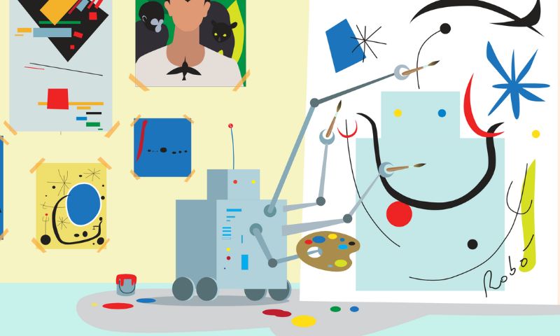 A robot drawing a painting of itself with multiple paint cans and spots around. 