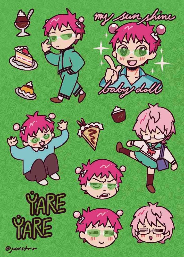 A sticker sheet of Saiki K in many designs and poses.