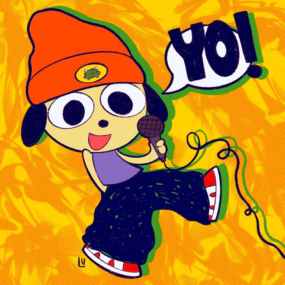 Parappa the rapper is holding a microphone with a speech bubble saying "YO!" next to him