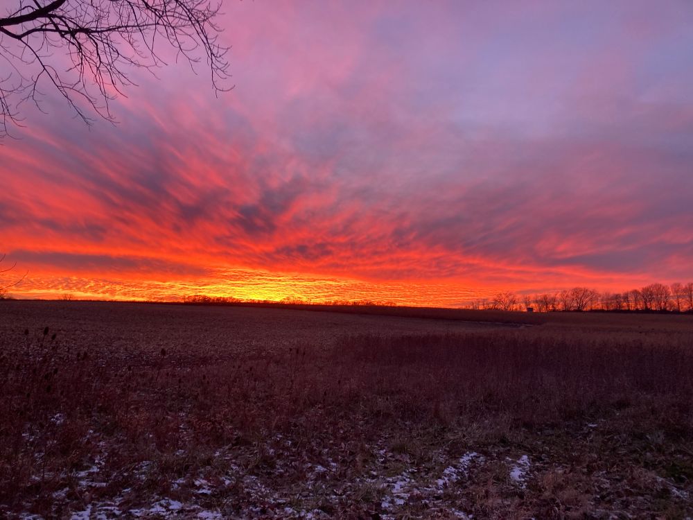 Brilliant orange sunset lighting the clouds above a cold field with pink