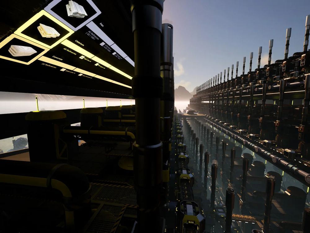 A screenshot of a Satisfactory megarefinery with fresh new production tracking labels