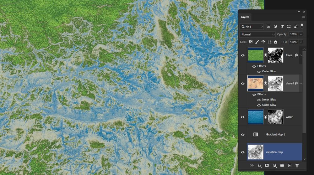 An image of an elevation map with water, desert, and vegetation textures mapped to specific elevation levels