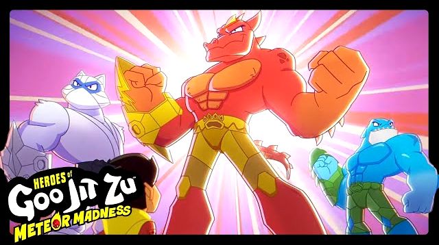 A promo image for the Heroes of Goo Jit Zu™ Meteor Madness cartoon show, showing the heroes Pantaro, Blazagon, and Thrash in characteristic flat-shaded cartoon style