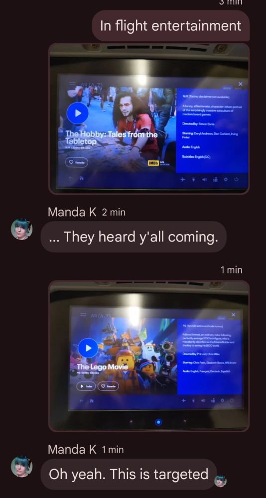 A chat with photos of the in-flight entertainment movies: "The Hobby: Takes From The Tabletop" and "The LEGO Movie."

Manda suggests that we've been specifically targeted.