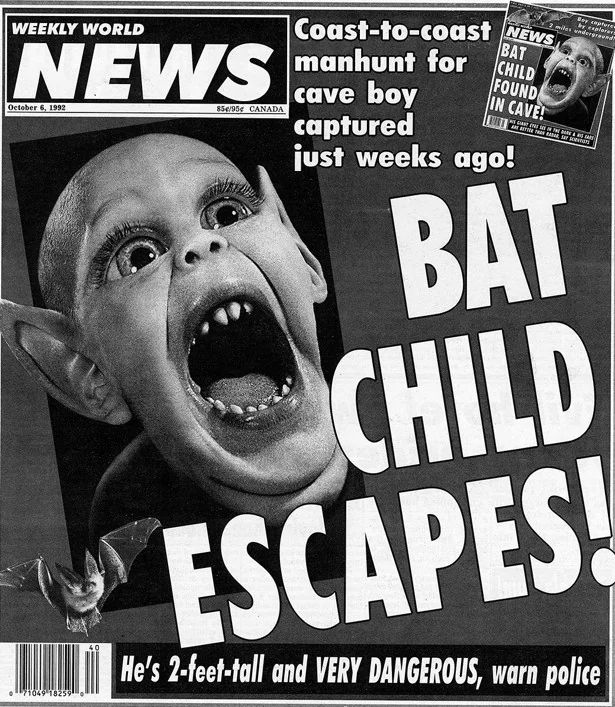 A screenshot from weekly world news showing the Bat Boy with the headline saying Bat Child Escapes!