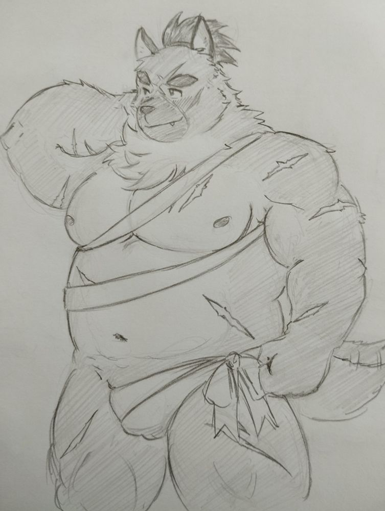 Drawing made entirely in pencil.

The character is Yasuyori from Housamo, a muscular dog anthro with belly. He is wearing nothing but a gift ribbon tied around his torso and privates, a bow tied on his waist. He is cupping a cheek with his hand shyly, his gaze avoiding the viewer's. He is blushing, a slight grin on his face.
