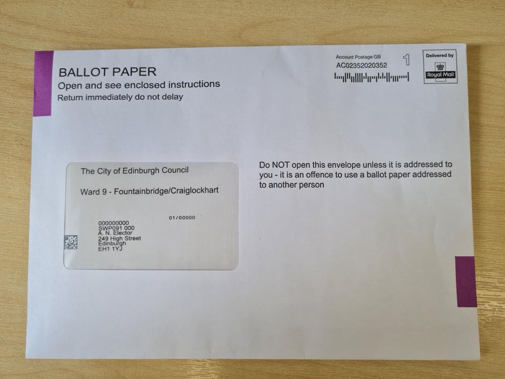 Postal ballot envelope for the Fountainbridge/Craiglockhart ward by-election. 