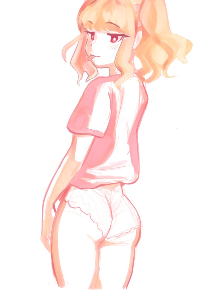 petite blonde girl making a playful expression sticking her tongue out, looking over her shoulder. she's wearing lacy underwear.