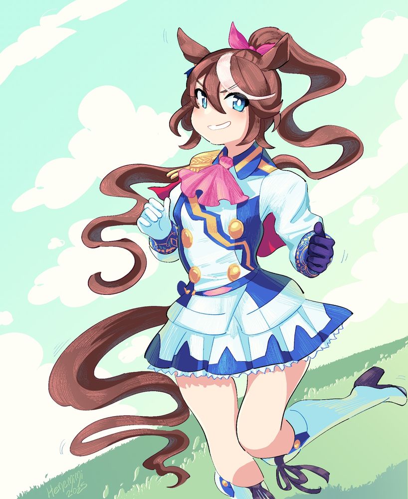 an illustration of tokai teio from umamusume pretty derby in an energetic pose while smiling