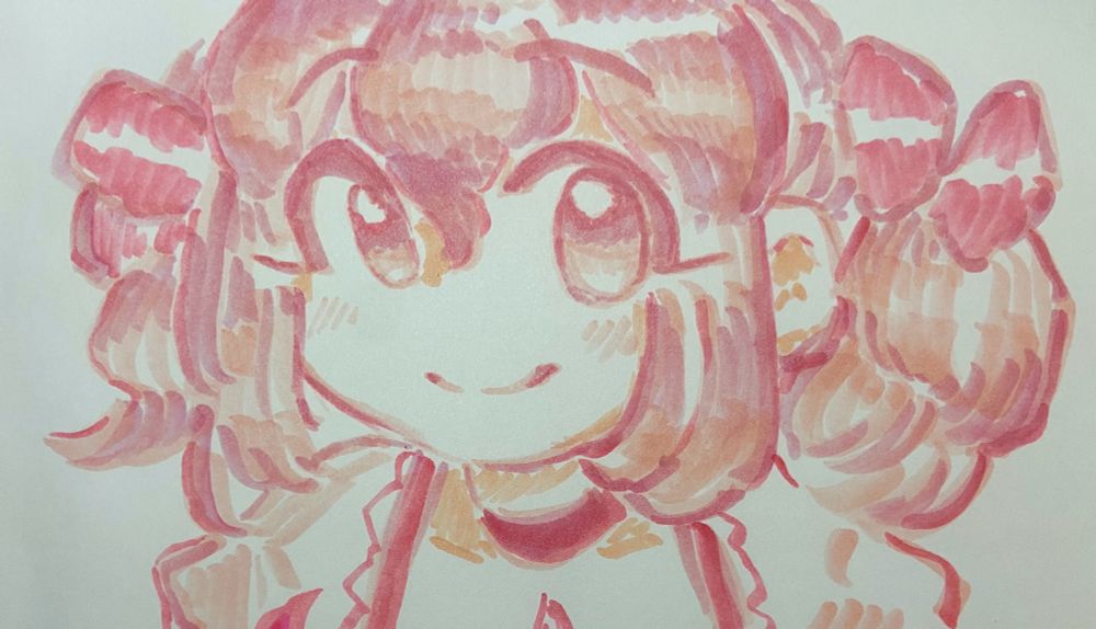 madoka kaname rendered with 4 copic markers, the colors are blush r20, r43 bougainvillaea (???), e02 fruit pink, r83 rose mist. 