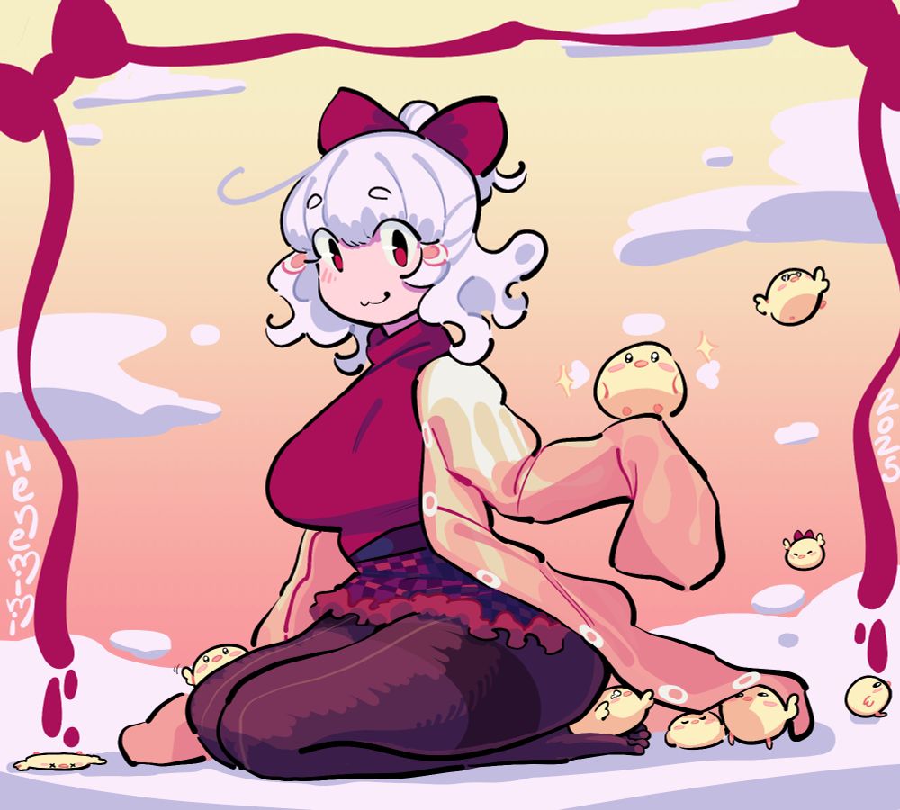 an illustration of my OC mimi sitting on top of her legs, extending her arm out holding one of the chicken orb chat mascots. there are many around the image. it uses sunset colors.