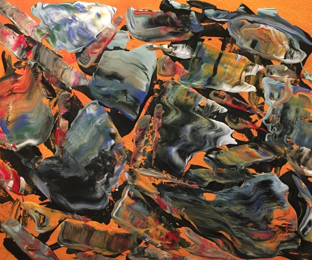 Abstract painting. Jewel-toned waves of color—black, blue, red, green, and white—band and blend together in streaks against an orange background. The effect is like a jagged puddle made of melting agates.