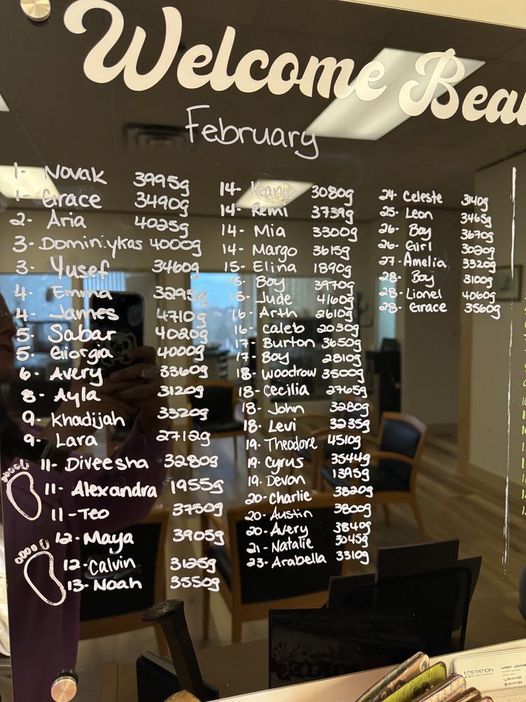 A photo of the names, dates, and weights of the babies born in our practice in February 2025.