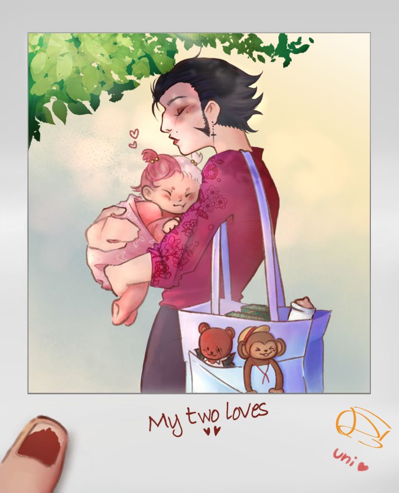 a drawing of a polaroid photo depicting one piece's Mihawk as a woman, carrying a baby Uta and a bag of baby needs over her shoulder that also has two plushes of a shanks look alike bear and a luffy look alike monkey, all under the shade of a tree.

In the corner of the picture there's a thumb, implied to be from Shanks as a woman.