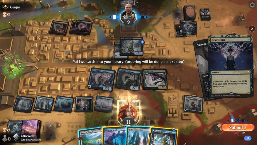 Arena screenshot. Opponent Thoughtseizes and a Brainstorm hides Ancestral Recall and Tamiyo.