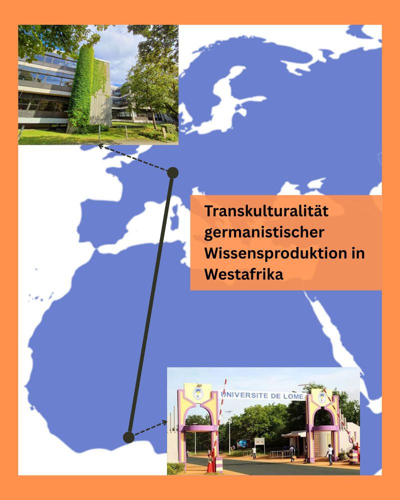 Ankündigung: Neue Institutspartnerschaft zwischen dem Deutschen Seminar der Universität Tübingen und dem Department d’allemand der Université de Lomé: "Transkulturalität germanistischer Wissensproduktion in Westafrika" 
Auf dem Bild: Die Karte von Europa und Westafrika und die Bilder von dem Brechtbau (Tübingen) und der Université de Lomé