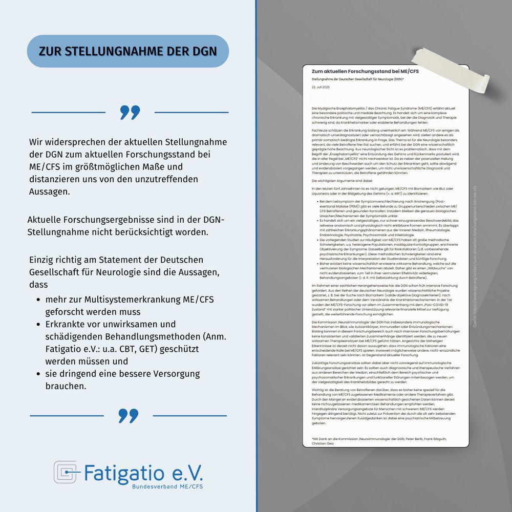 Grafisches Zitat-Layout des Fatigatio e.V. mit Aussagen zur Kritik an der DGN-Stellungnahme zu ME/CFS. Zentrale Aussage: „Wir widersprechen der aktuellen Stellungnahme der DGN zum Forschungsstand bei ME/CFS in größtmöglichem Maße.“ Weitere Zitate betonen, dass aktuelle Forschungsergebnisse – etwa von der internationalen ME/CFS Conference im Mai 2025 in Berlin – nicht berücksichtigt wurden und belegen, dass ME/CFS somatische Ursachen hat. Positiv hervorgehoben werden die Aussagen der DGN, dass mehr geforscht, Betroffene geschützt und besser versorgt werden müssen. Im Layout enthalten ist ein Verweis auf die Stellungnahme vom 22. Juli 2025 auf der DGN-Website.