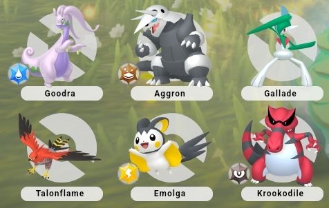 Six Pokémon: Goodra, Aggron, Gallade, Talonflame, Emolga, and Krookodile