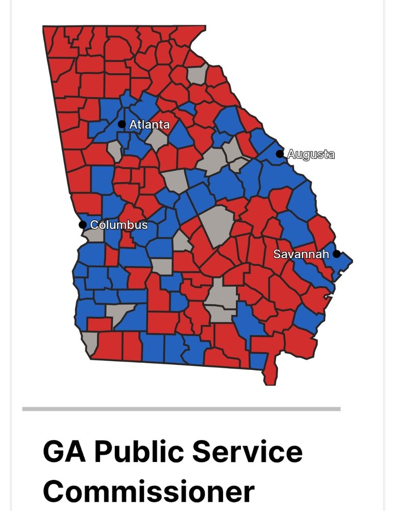 Map view of Georgia Public Service Commissioner election results for Alicia Johnson.