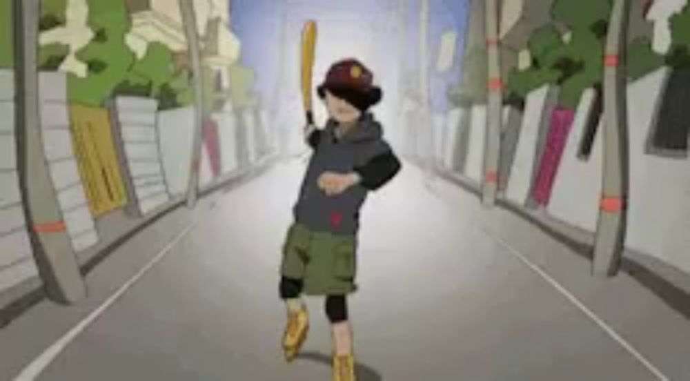 a cartoon of a boy holding a baseball bat in a street .