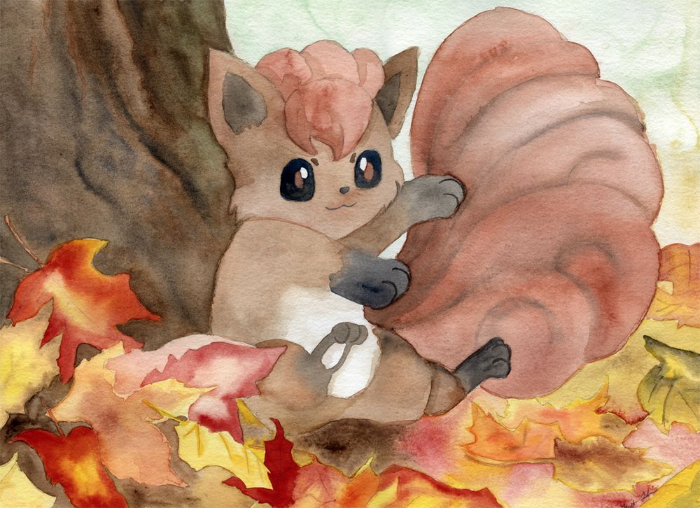 Vulpix in fall leaves - watercolour