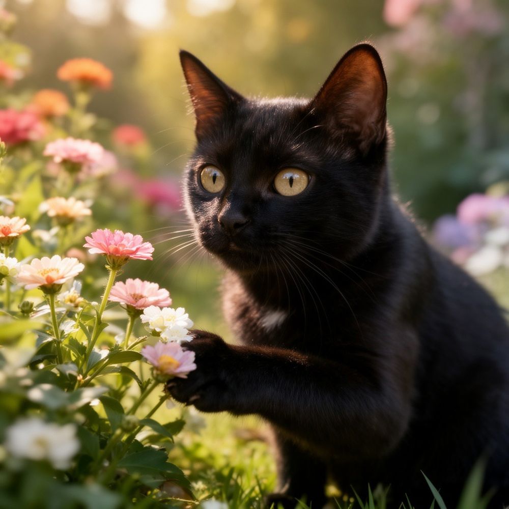 Highly realistic portrait of a black cat girl picking flowers in a garden 
